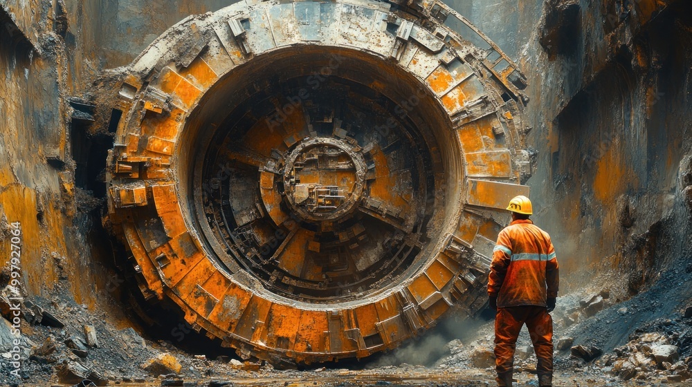 Fototapeta premium Tunnel Construction - Worker and Giant Machine