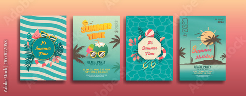 summer time poster design card set with tropical plants and summer stuff
