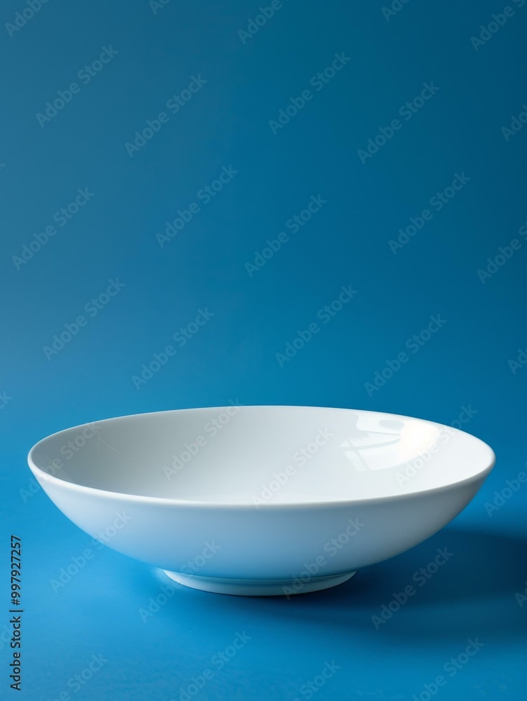 A white bowl on a blue background against a plain wall. AI. A white bowl on a blue background against a plain wall. AI.