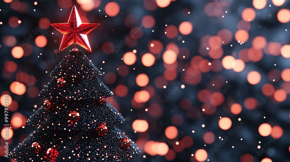 A beautifully decorated Christmas tree with a red star top, surrounded by sparkling bokeh lights creating a festive atmosphere.