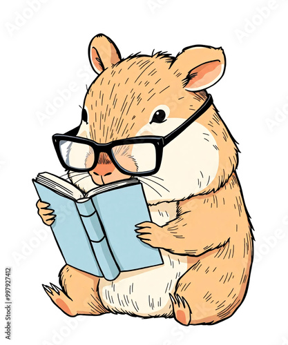 Cute Capybara Rodent Animal Cartoon Reading book Bookworm