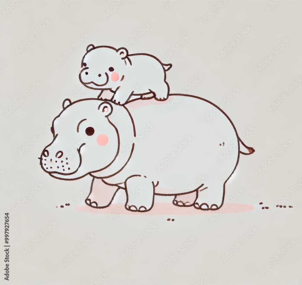 Baby pygmy hippo standing on mother's back in minimalistic line art Baby pygmy hippo standing on mother's back in minimalistic line art