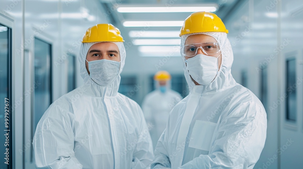 Two professionals in protective gear pose confidently in a cleanroom environment, emphasizing safety and hygiene in a high-tech workspace. Two professionals in protective gear pose confidently in a cleanroom environment, emphasizing safety and hygiene in a high-tech workspace.