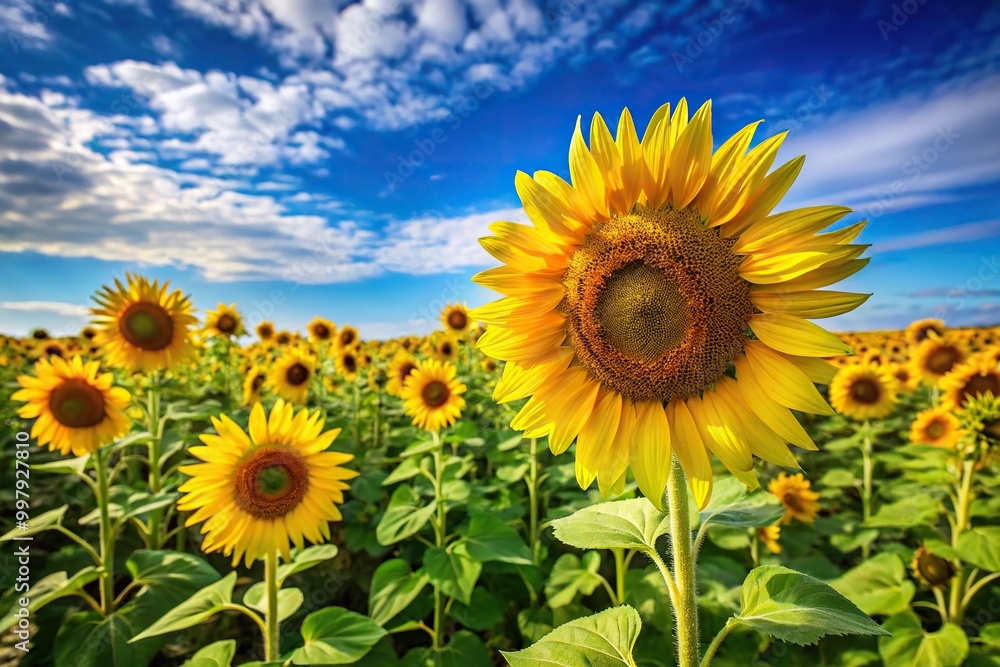 Field of sunflowers under bright blue sky viewed from below Field of sunflowers under bright blue sky viewed from below