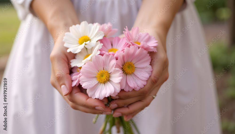 Woman holding bouquet of pink and white daisies with yellow centers in her hands Woman holding bouquet of pink and white daisies with yellow centers in her hands