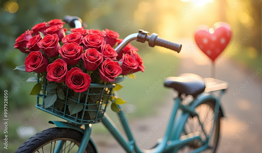 Obraz premium Bicycle with red roses in basket and heart-shaped balloon in soft sunlight