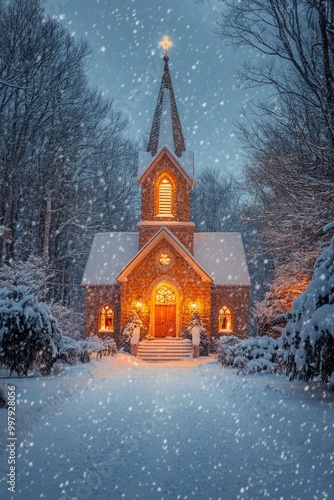 A small church covered in snow with lights on, illuminated by the falling snow.