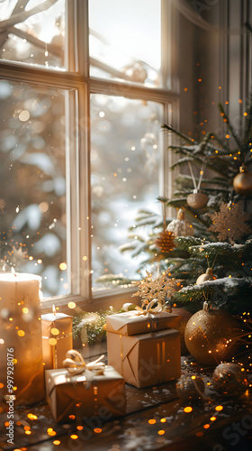 Festive scene with window, Christmas decor, and rustic sill. Perfect for holidaythemed designs, greeting cards, invitations, and home decor.