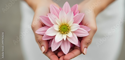 Woman holding pink lotus flowers in hands with soft focus background