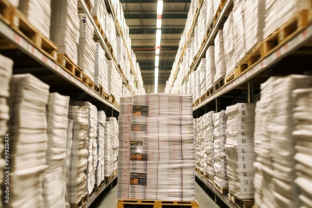 A stack of papers is piled high in a warehouse, generative ai image A stack of papers is piled high in a warehouse, generative ai image