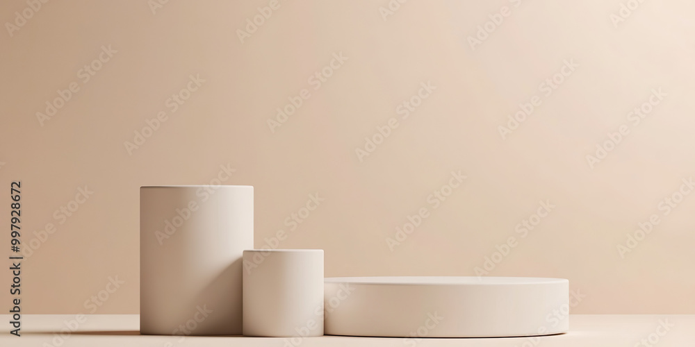 Minimalist display featuring three geometric shapes in neutral tones, creating serene and modern aesthetic. Ideal for showcasing products or art Minimalist display featuring three geometric shapes in neutral tones, creating serene and modern aesthetic. Ideal for showcasing products or art