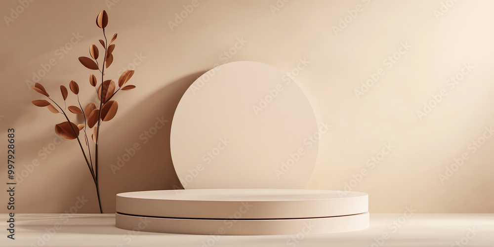 Minimalist display with circular podium and decorative plant, creating serene and elegant atmosphere. Perfect for showcasing products or art Minimalist display with circular podium and decorative plant, creating serene and elegant atmosphere. Perfect for showcasing products or art