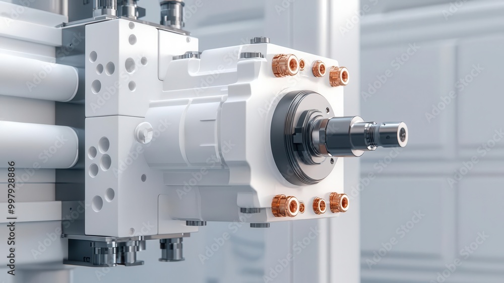 Injection molding machine, advanced technology in action, 3D illustration Injection molding machine, advanced technology in action, 3D illustration