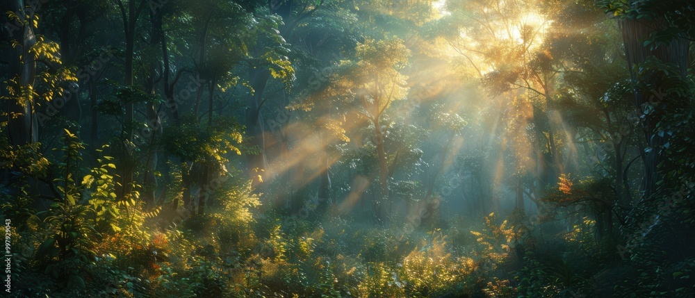 Fototapeta premium Sunlight Filtering Through a Dense Forest