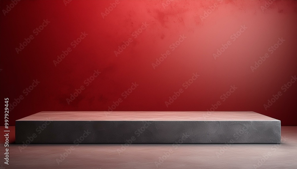 Studio with podium for product presentation. Empty floor and red wall with stand. 3D room with gradient background. Countertop with concrete or marble texture. red background Studio with podium for product presentation. Empty floor and red wall with stand. 3D room with gradient background. Countertop with concrete or marble texture. red background