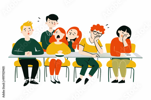 Bored Employees at a Long Meeting - Illustration of Workplace Fatigue