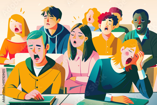 Tired Office Workers Yawning During a Long Meeting