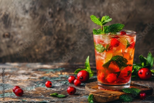 Mayhaw mojito with mayhaw berries and mint, served in a stylish glass, rustic background, copy space photo