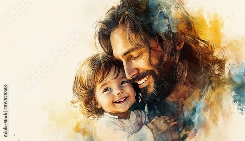 Jesus Christ embraces a child, radiating love and compassion in a watercolor painting.  .