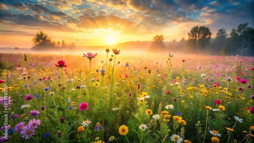 Field of wildflowers in a misty morning light with shallow depth of field photo