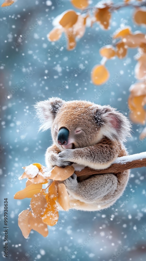 Unusual koala on a snowy landscape, with snowflakes gently settling on its fur and the wintery setting adding a charming contrast. Unusual koala on a snowy landscape, with snowflakes gently settling on its fur and the wintery setting adding a charming contrast.