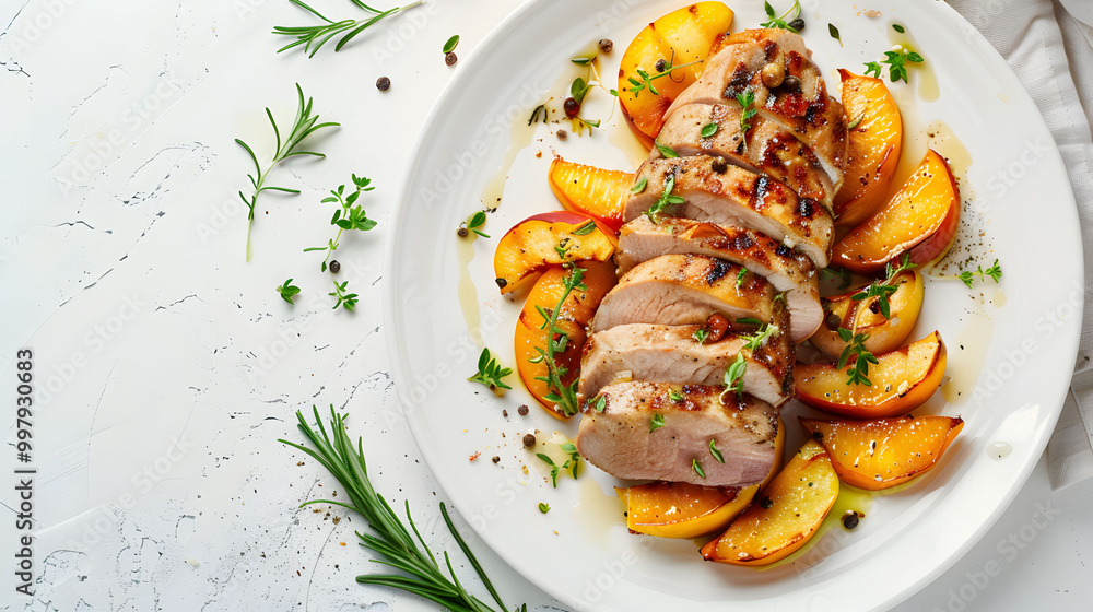 Title Grilled chicken breast and peach slices on white plate with herbs. Suitable for food blogs, magazines, restaurant menus, and healthy lifestyle designs.