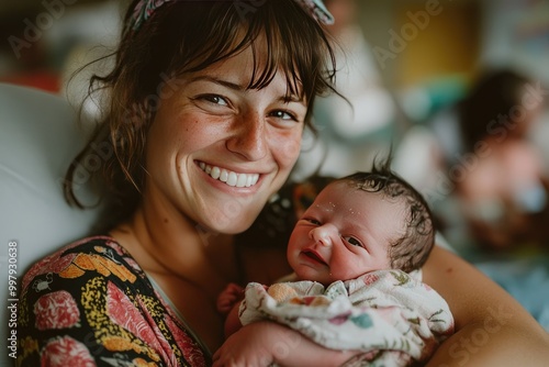 A mother holding her newborn baby. This photo captures the joy and love of new parenthood.