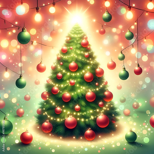 Festive Christmas Background with Tree, Red Baubles, and Twinkling Lights