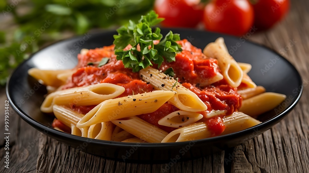 A Plate of Delicious Penne Pasta Served in a Rich Tomato Sauce A Plate of Delicious Penne Pasta Served in a Rich Tomato Sauce
