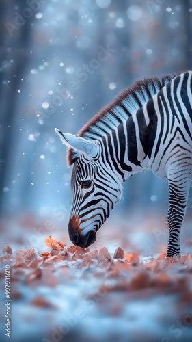 Majestic zebra grazing on snowy terrain with the Northern Lights creating a vibrant, colorful glow that highlights its stripes. photo