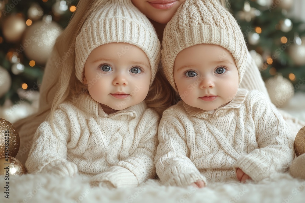 Two cute baby twins in white knitted hats on Christmas tree background Two cute baby twins in white knitted hats on Christmas tree background