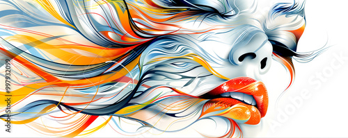 A woman's face with a red lip and orange hair. The hair is long and flowing, and the lips are painted red. The image is a work of art, with a bold and vibrant color scheme