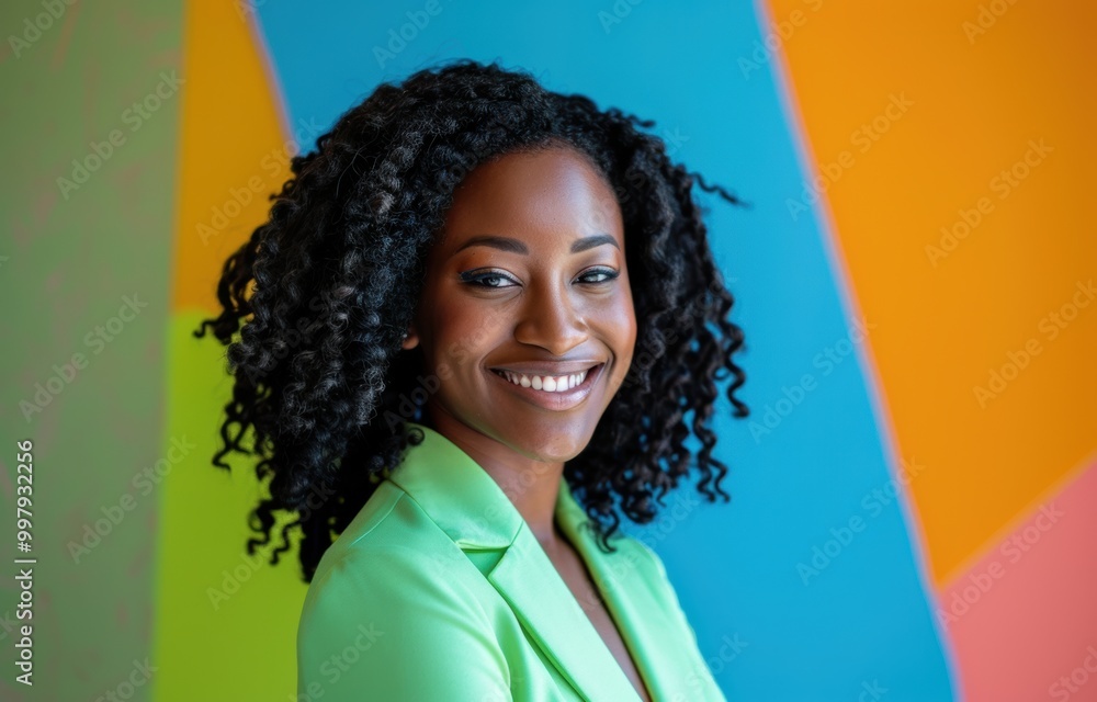 An African American businesswoman in a bright blazer and colorful setting embodies leadership, innovation, and inclusivity in corporate campaigns. An African American businesswoman in a bright blazer and colorful setting embodies leadership, innovation, and inclusivity in corporate campaigns.