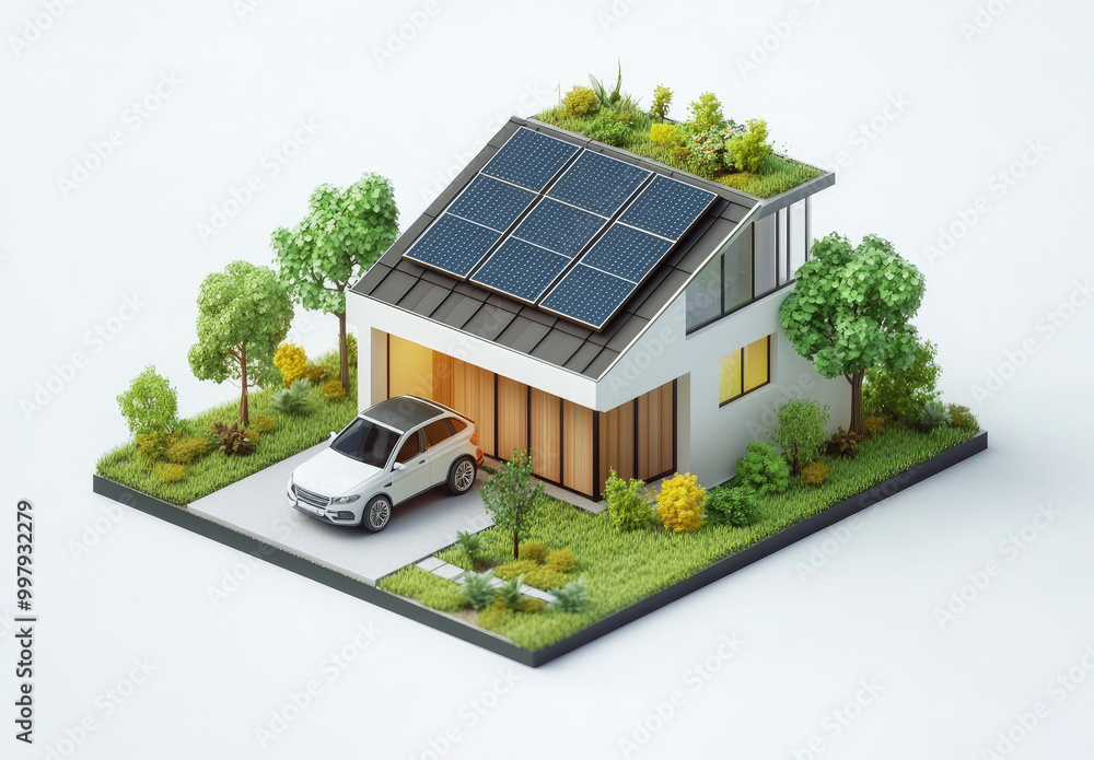 Isometric model of an eco-friendly home with solar panels, lush greenery, and energy-efficient features. A parked car is in the driveway, set against a white background Isometric model of an eco-friendly home with solar panels, lush greenery, and energy-efficient features. A parked car is in the driveway, set against a white background