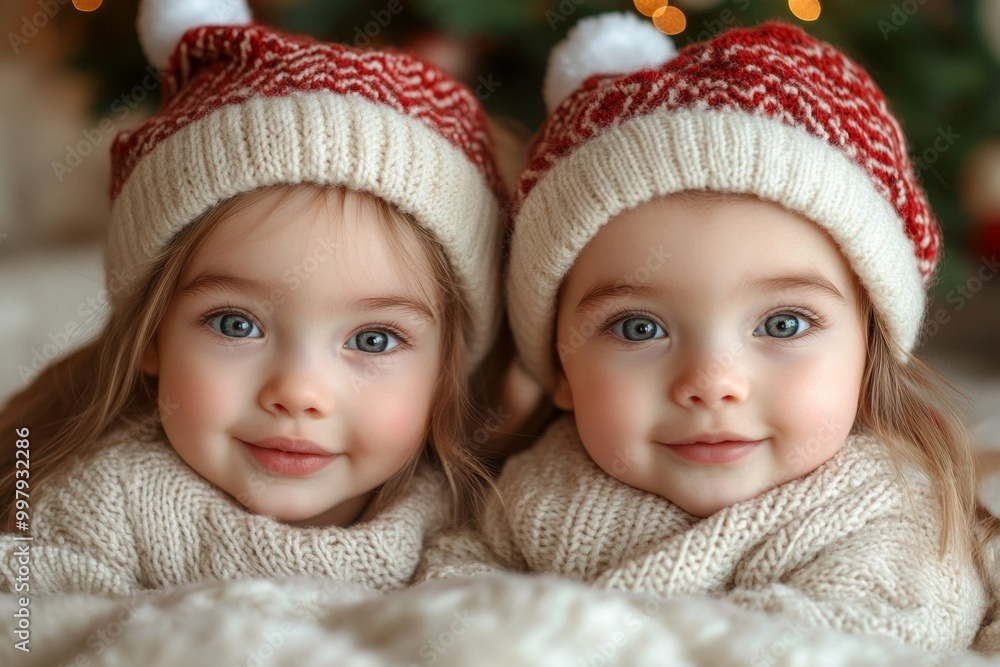 Cute little baby boy and girl in Santa hats on Christmas background Cute little baby boy and girl in Santa hats on Christmas background