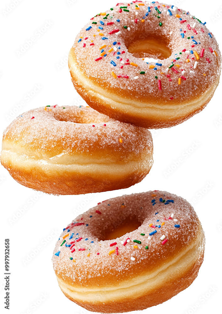 Three Colorful Sprinkled Donuts Floating in Air Three Colorful Sprinkled Donuts Floating in Air