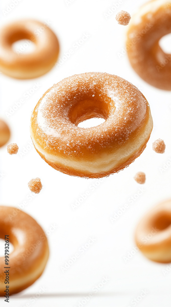 Multiple Donuts Suspended in Mid-Air with Sugar Crystals Multiple Donuts Suspended in Mid-Air with Sugar Crystals