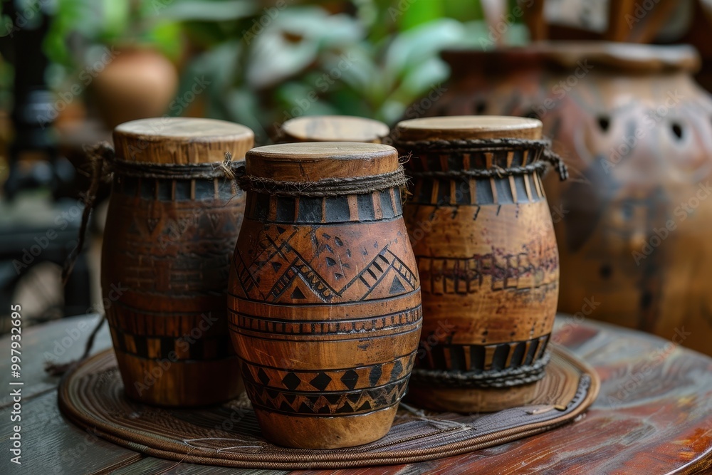 Four wooden vases with designs on them sit on a table Four wooden vases with designs on them sit on a table
