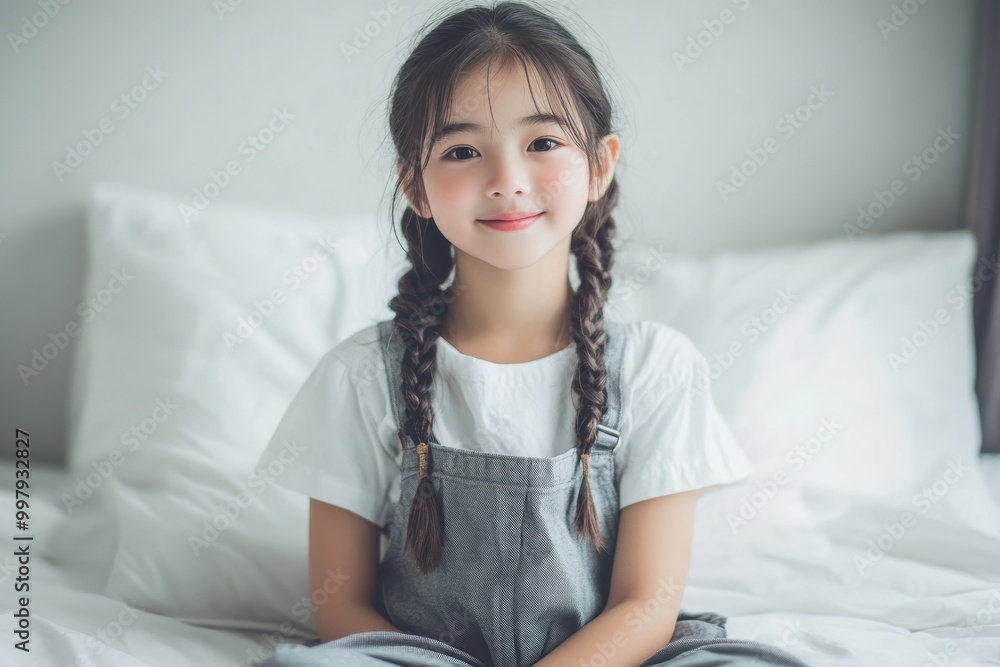A joyful, braided Asian girl jumps energetically on a bed in a cozy room, reflecting the playful spirit that is perfect for promoting children’s products or family-oriented content. A joyful, braided Asian girl jumps energetically on a bed in a cozy room, reflecting the playful spirit that is perfect for promoting children’s products or family-oriented content.