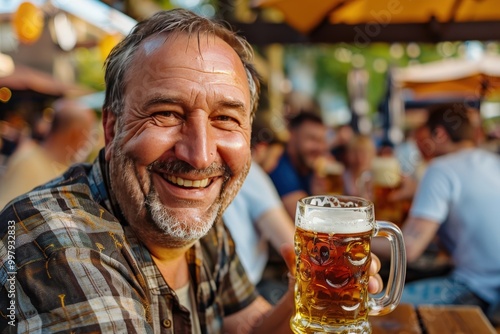 A man is holding a mug of beer and a tray of hot dogs, generative ai image