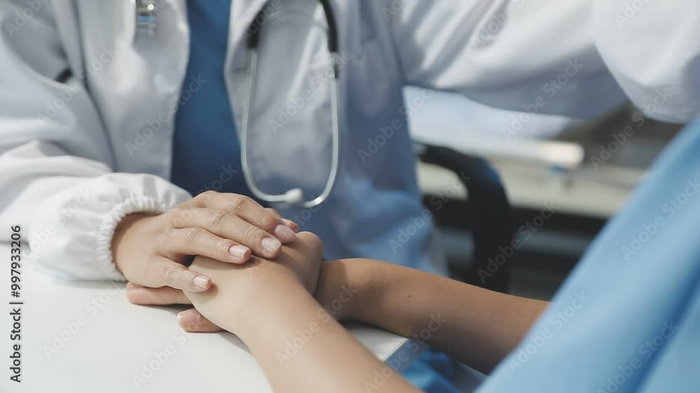 Women Asian doctors hold the patient hand and encourage and provide medical advice While checking the patient health in bed. Concept of Care and compassion, antenatal care, Threatened abortion Women Asian doctors hold the patient hand and encourage and provide medical advice While checking the patient health in bed. Concept of Care and compassion, antenatal care, Threatened abortion