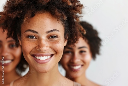 A group of diverse friends from different ethnic backgrounds, smiling and standing close together, showcases the beauty of unity and friendship across cultures on white background.