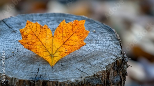 A golden maple leaf rests on a tree stump, forming a heart shape.