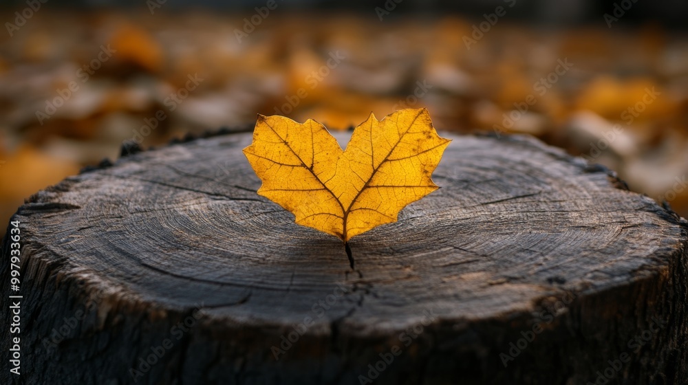 A golden maple leaf rests on a tree stump, forming a heart shape. A golden maple leaf rests on a tree stump, forming a heart shape.