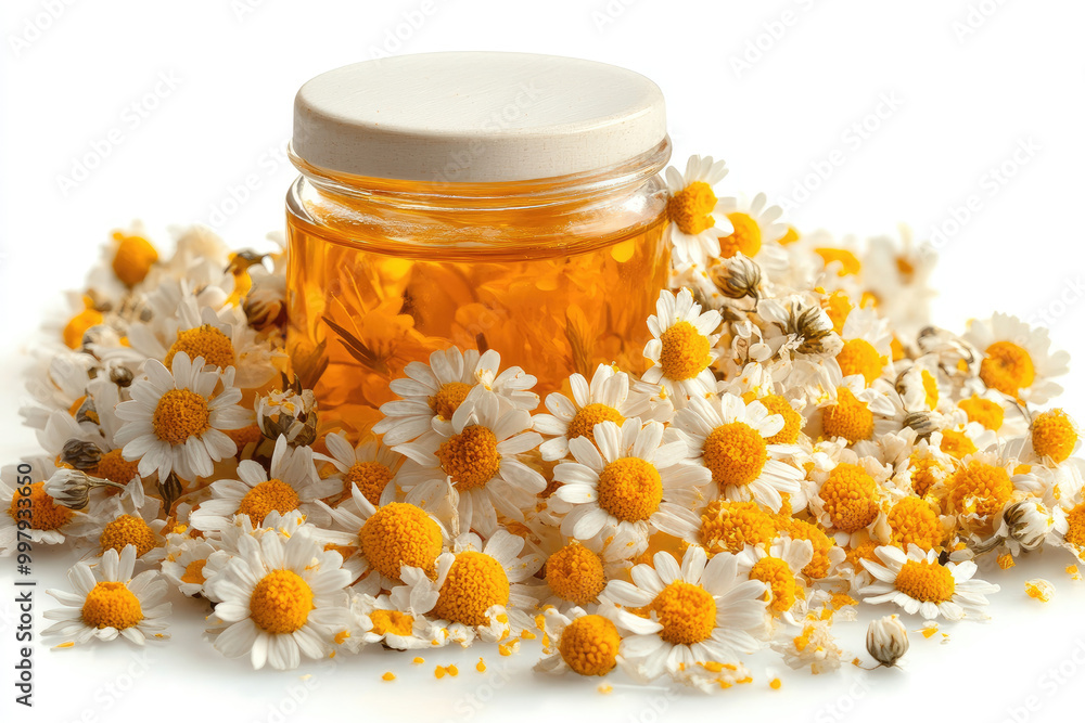 A jar of honey surrounded by dried chamomile flowers on a white background. Created with Ai A jar of honey surrounded by dried chamomile flowers on a white background. Created with Ai
