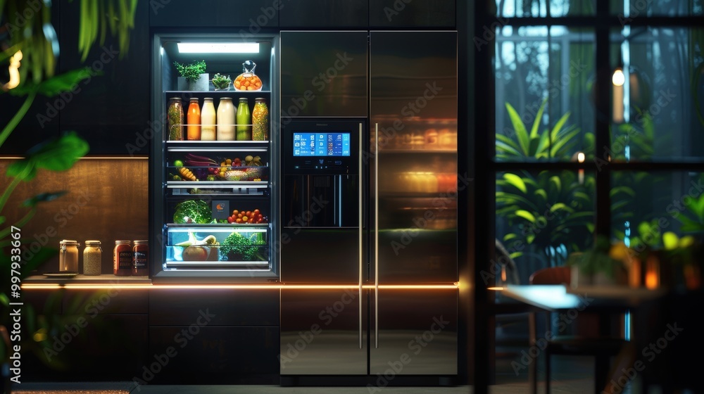 Modern Smart Refrigerator in Luxury Kitchen at Night Modern Smart Refrigerator in Luxury Kitchen at Night
