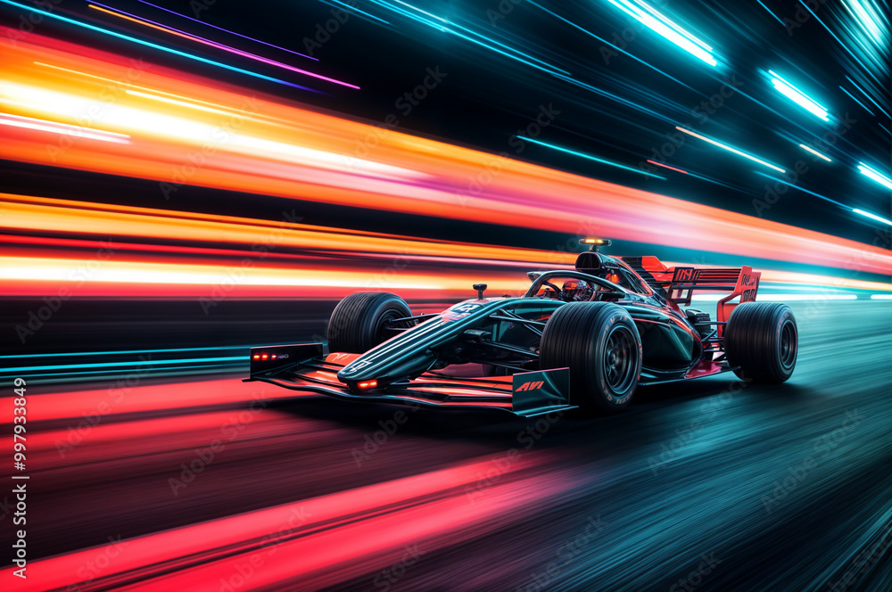 An F1 Sport racing car fast driving to achieve the championship. Motion blur and lighting effect. An F1 Sport racing car fast driving to achieve the championship. Motion blur and lighting effect.