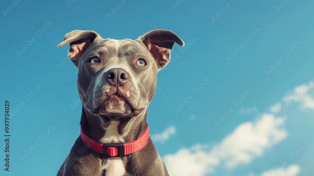 A grey pitbull with a red collar sits in front of a blue sky, gazing at the camera.