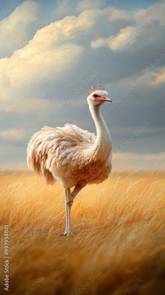 Fototapeta premium An ostrich with a sparkling crown striding across a golden savannah.