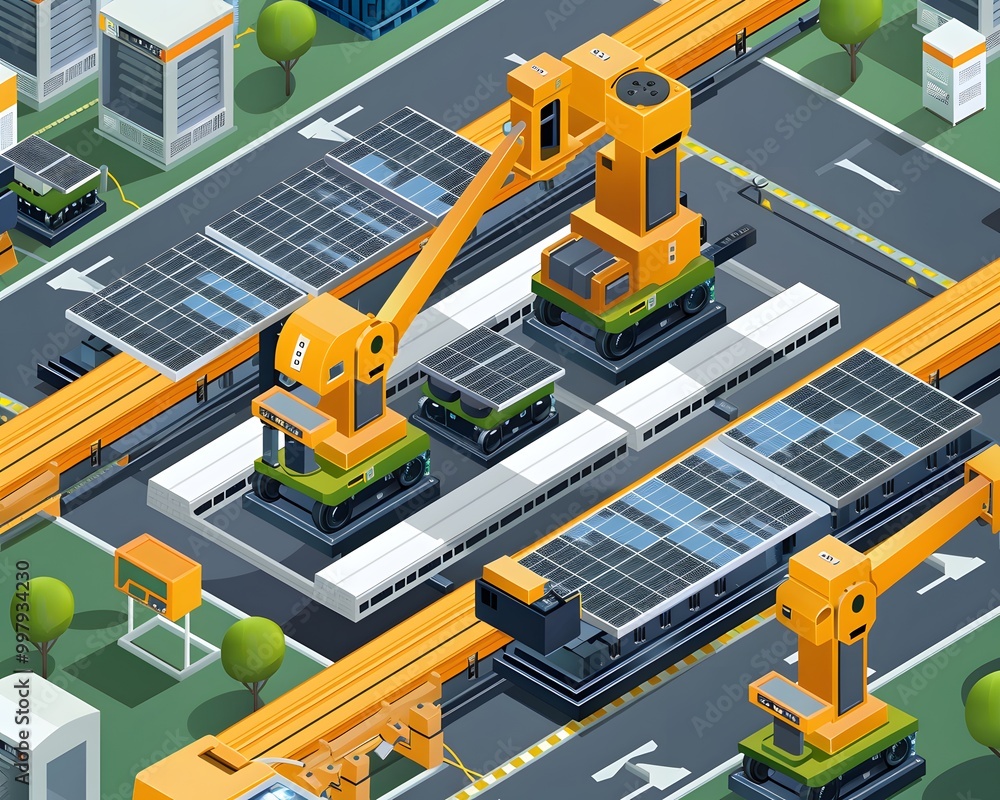 Modern industrial scene with robotic arms and solar panels, showcasing automation and sustainability in manufacturing. Modern industrial scene with robotic arms and solar panels, showcasing automation and sustainability in manufacturing.